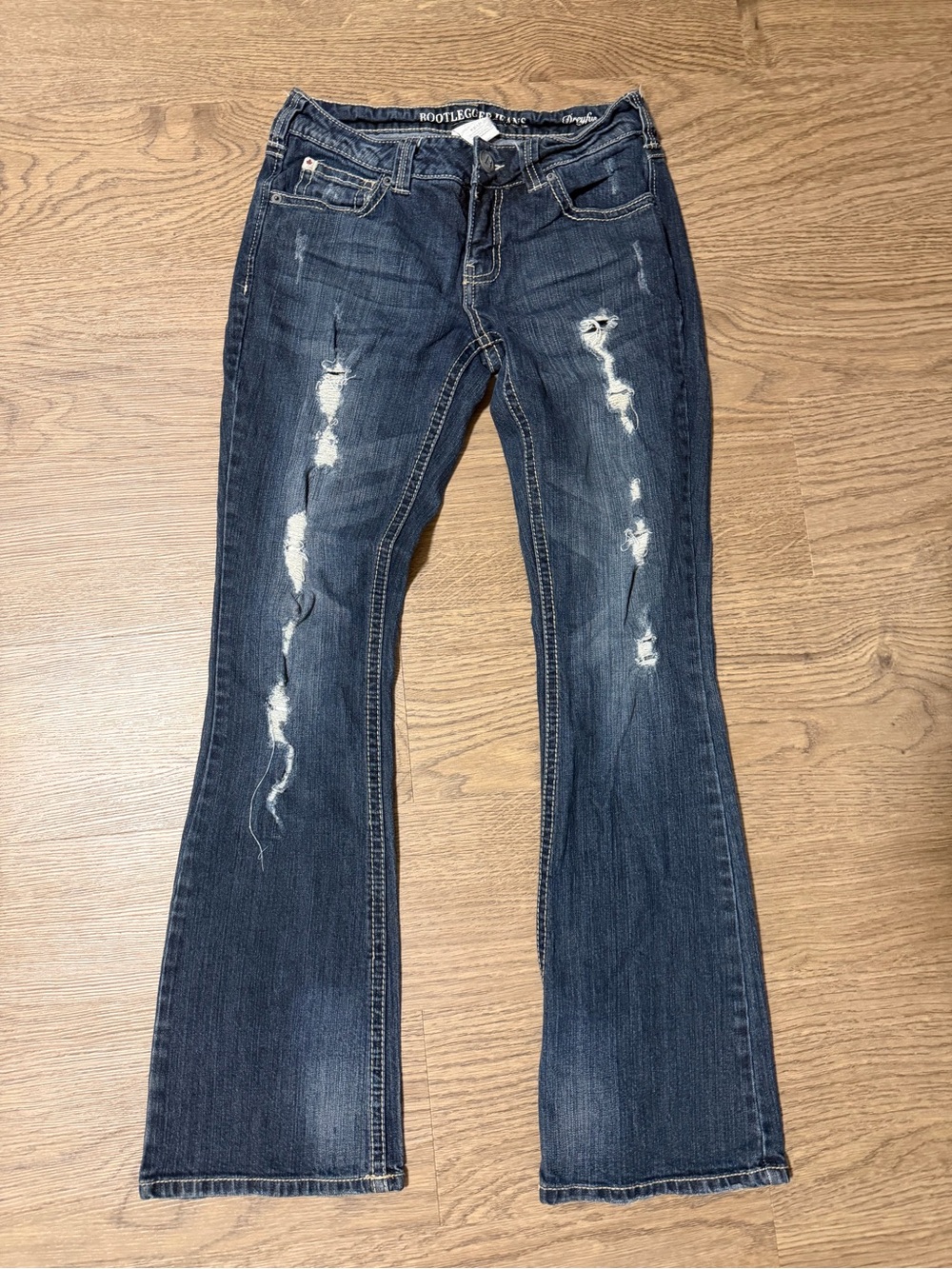 Bootlegger Dark Blue Distressed Flare Jeans for Women